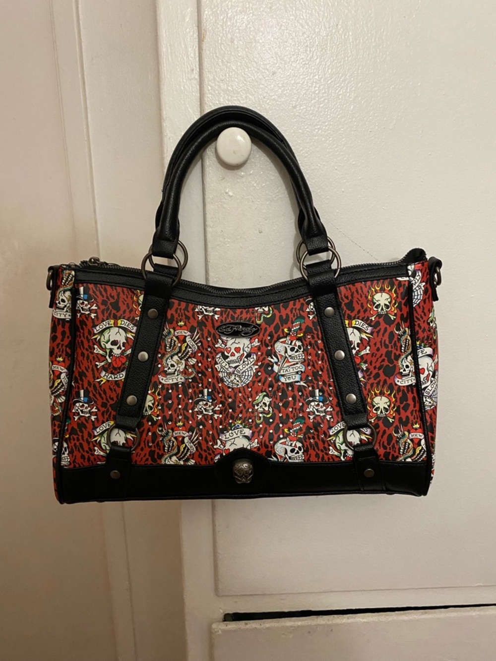 Ed Hardy Red Skull & Leopard Print Satchel with Black Trim